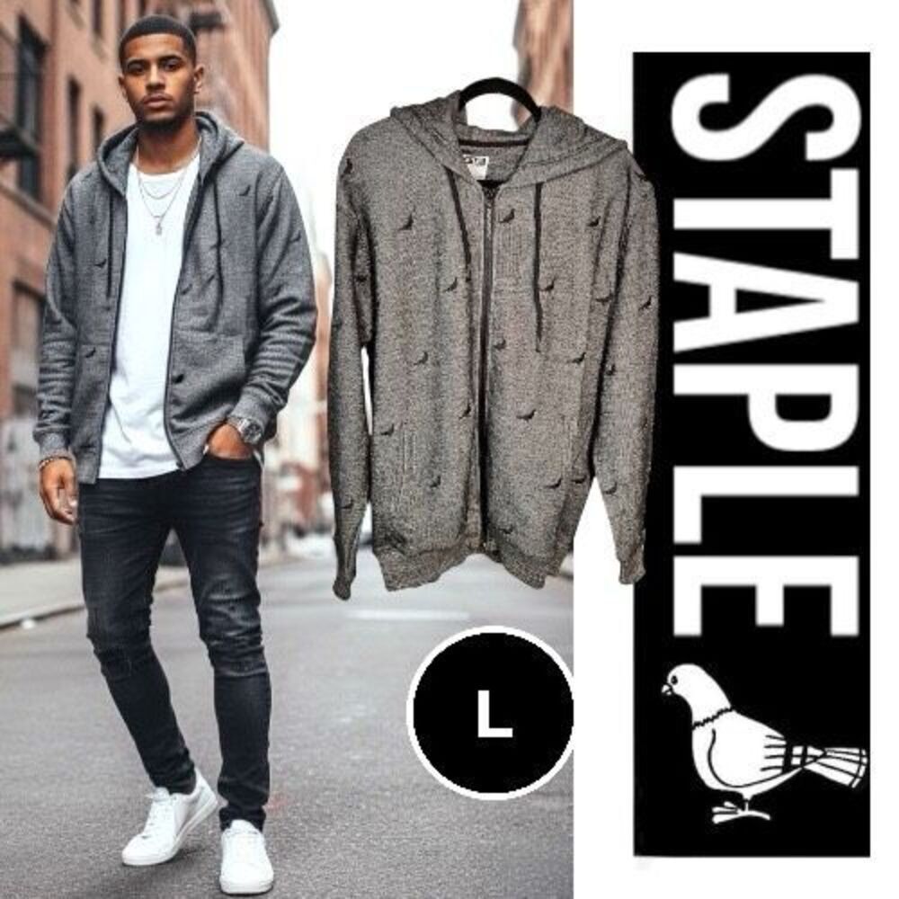 Staple Pigeon Brand Sweater Hoodie Embroidered Size Large Cotton Grey